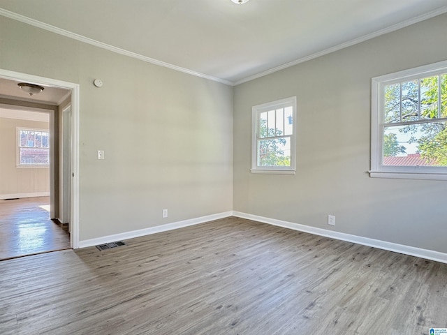 spare room featuring light hardwood / wood-style floors and crown molding