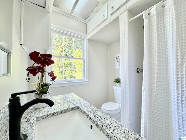 bathroom with a shower with curtain, vanity, and toilet