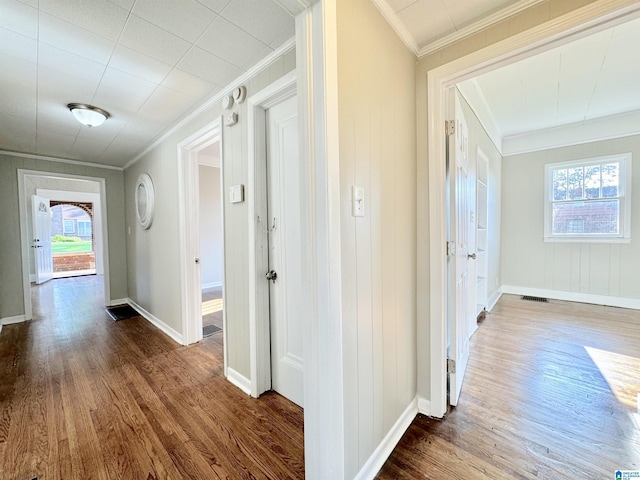 hallway with a healthy amount of sunlight, dark hardwood / wood-style floors, and ornamental molding