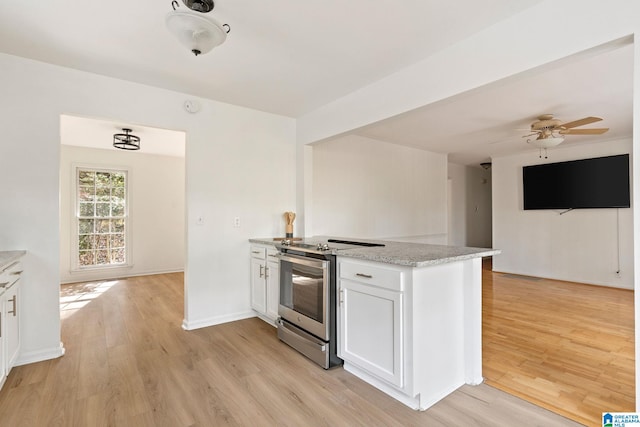 kitchen with white cabinetry, ceiling fan, light hardwood / wood-style flooring, kitchen peninsula, and stainless steel range with electric cooktop