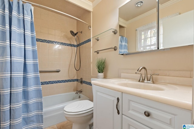 full bathroom with vanity, tile patterned flooring, toilet, shower / bathtub combination with curtain, and ornamental molding