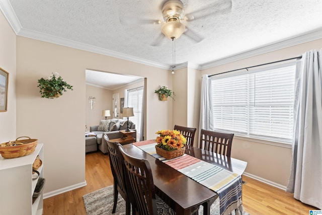 dining space featuring light hardwood / wood-style flooring, ceiling fan, and ornamental molding