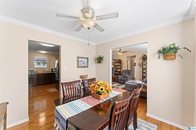 dining space with ceiling fan, ornamental molding, a textured ceiling, and light wood-type flooring