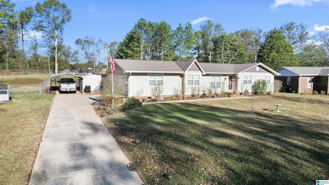 ranch-style house with a front lawn and a carport