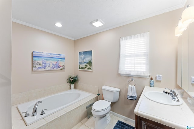 bathroom with vanity, tile patterned floors, toilet, ornamental molding, and tiled tub