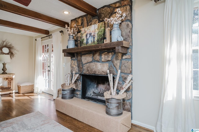 living room featuring a stone fireplace, a healthy amount of sunlight, and wood-type flooring