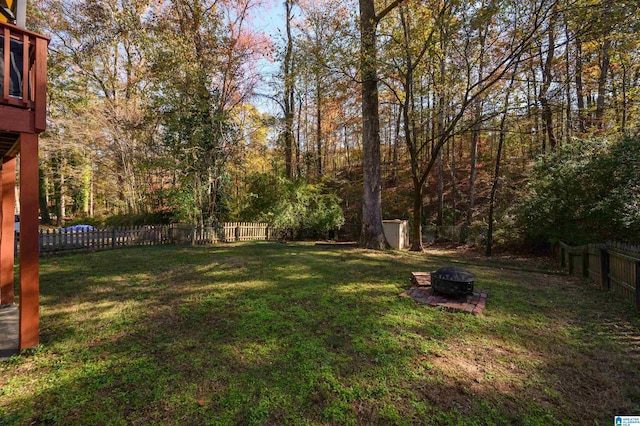 view of yard featuring a storage unit and an outdoor fire pit