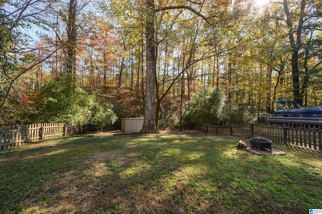 view of yard featuring a fire pit and a storage unit