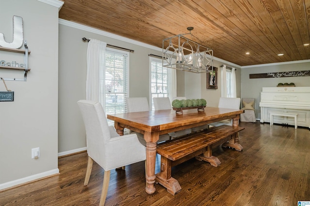 dining room with a notable chandelier, dark hardwood / wood-style floors, wooden ceiling, and crown molding