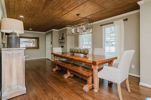 dining area featuring ornamental molding, dark hardwood / wood-style flooring, and wooden ceiling