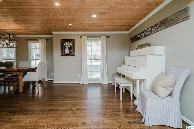 interior space with a chandelier, crown molding, wood ceiling, and dark hardwood / wood-style floors