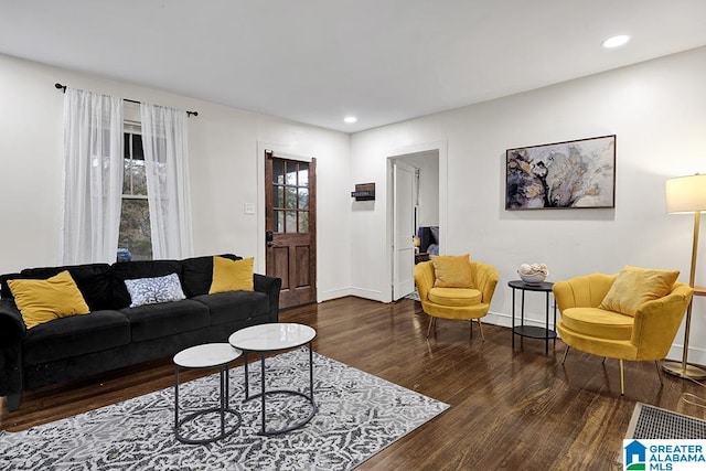 living room with dark hardwood / wood-style floors