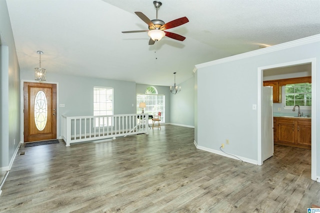 unfurnished living room with light wood-type flooring, ornamental molding, ceiling fan with notable chandelier, a textured ceiling, and sink