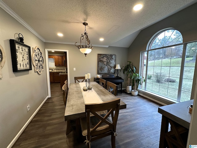 dining space with a textured ceiling, lofted ceiling, dark hardwood / wood-style floors, and ornamental molding