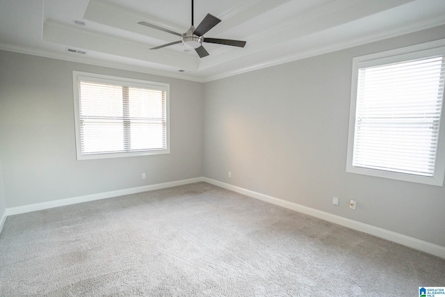 spare room with ceiling fan, ornamental molding, carpet floors, and a tray ceiling