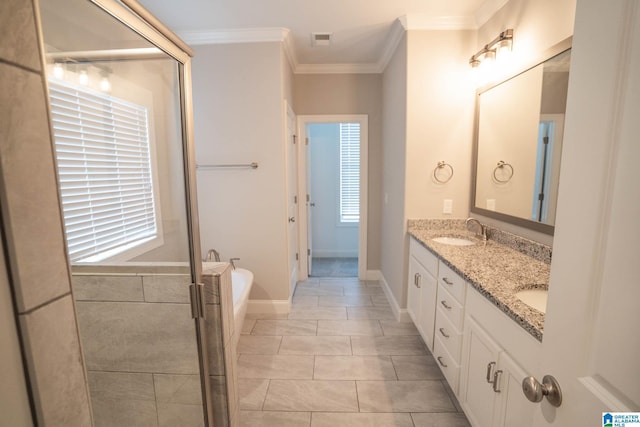 bathroom with tile patterned floors, crown molding, vanity, and plus walk in shower