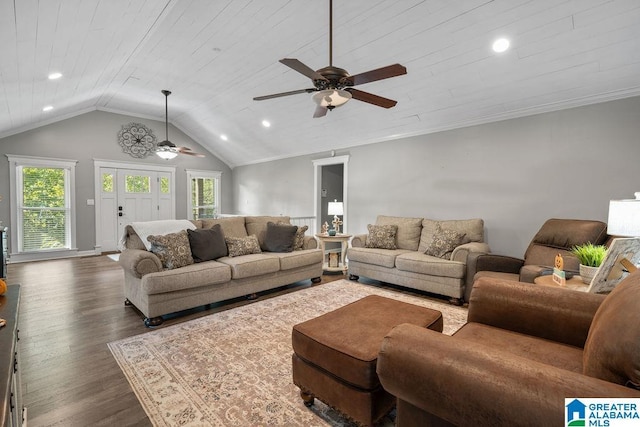 living room with vaulted ceiling, ceiling fan, dark wood-type flooring, crown molding, and wooden ceiling