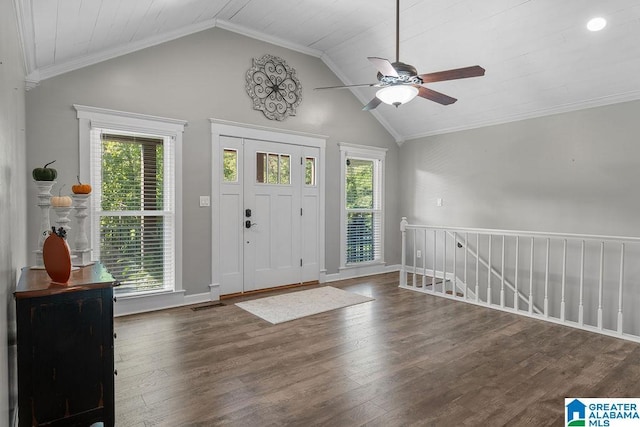 entrance foyer featuring dark hardwood / wood-style floors, plenty of natural light, and lofted ceiling