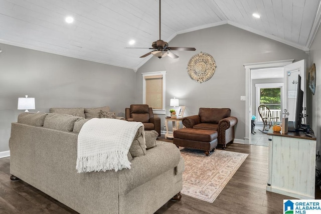 living room featuring dark hardwood / wood-style floors, wood ceiling, ornamental molding, and vaulted ceiling