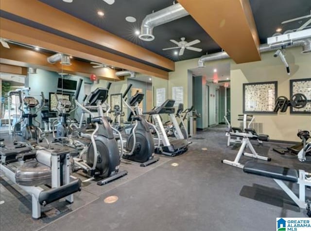 exercise room with ceiling fan