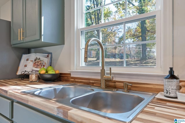 room details featuring butcher block countertops and sink