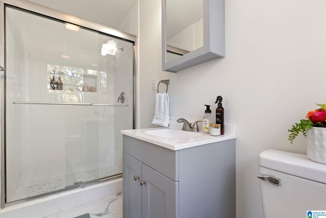 bathroom featuring vanity, a shower with shower door, and toilet