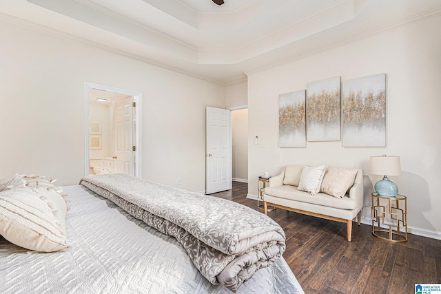 169 Glen Abbey Way, Alabaster, AL 35007 - bedroom with wood finished floors, ornamental molding, a tray ceiling, ensuite bath, and baseboards