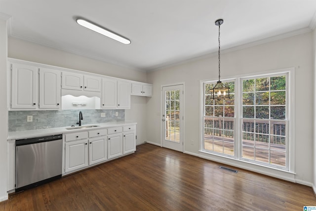 kitchen with white cabinetry, dishwasher, sink, dark hardwood / wood-style floors, and pendant lighting