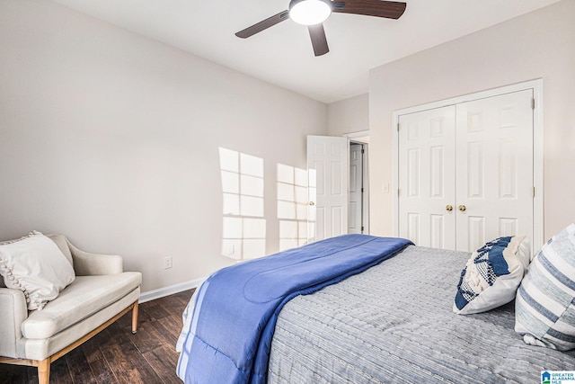 169 Glen Abbey Way, Alabaster, AL 35007 - bedroom featuring dark wood-type flooring, a closet, baseboards, and ceiling fan
