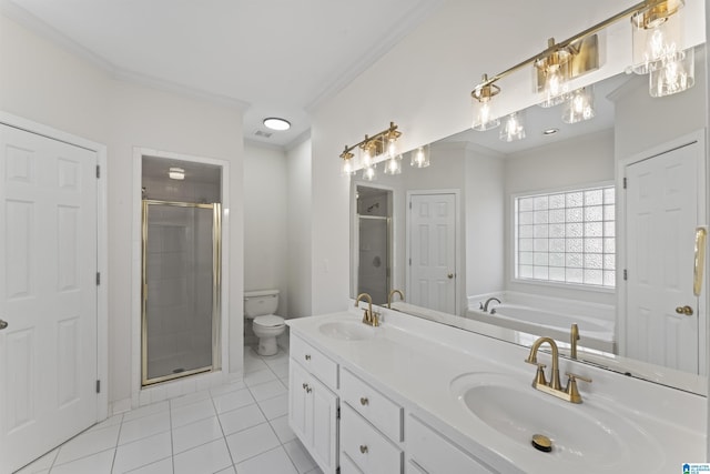 full bathroom with tile patterned floors, toilet, ornamental molding, and independent shower and bath