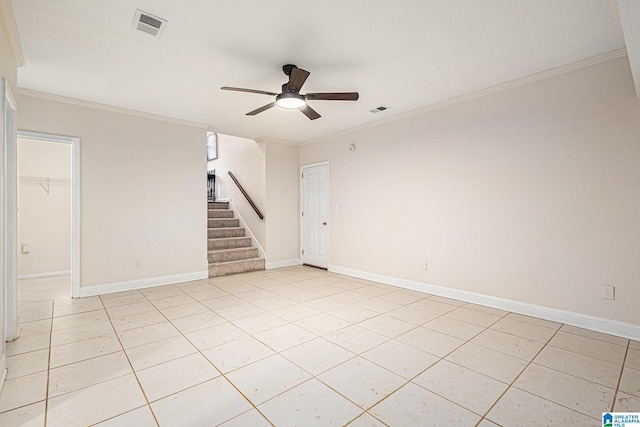 169 Glen Abbey Way, Alabaster, AL 35007 - empty room featuring a ceiling fan, light tile patterned floors, crown molding, stairway, and baseboards