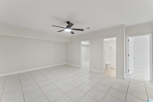 unfurnished bedroom featuring ceiling fan, ornamental molding, light tile patterned floors, and ensuite bath