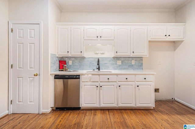 169 Glen Abbey Way, Alabaster, AL 35007 - kitchen featuring dishwasher, a sink, light wood-style flooring, white cabinets, and decorative backsplash