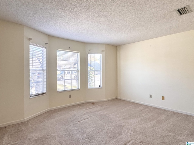 empty room featuring a textured ceiling and light colored carpet