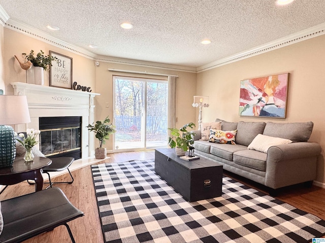 living room featuring a textured ceiling, dark wood-type flooring, and ornamental molding