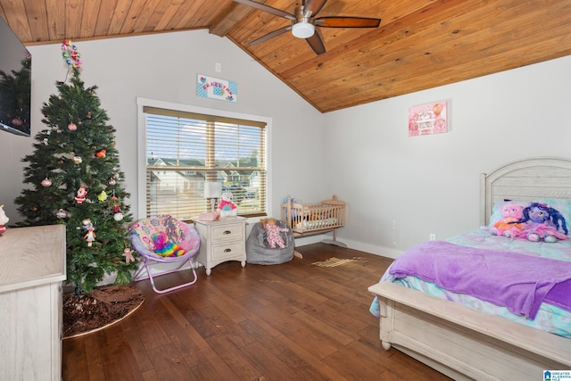 bedroom featuring lofted ceiling with beams, ceiling fan, dark hardwood / wood-style flooring, and wood ceiling