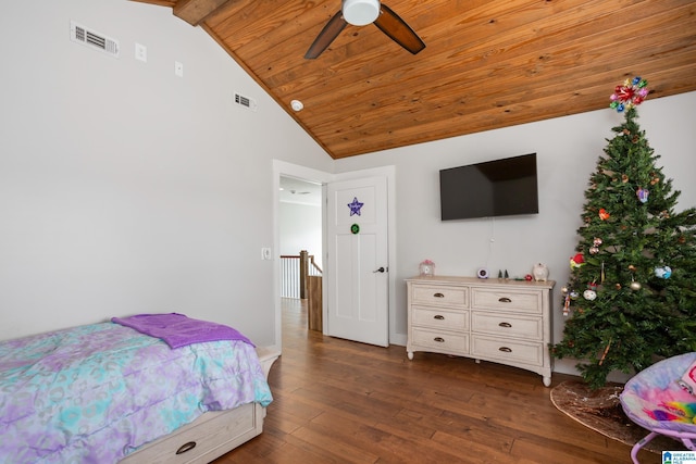 bedroom with wooden ceiling, high vaulted ceiling, ceiling fan, beam ceiling, and dark hardwood / wood-style flooring