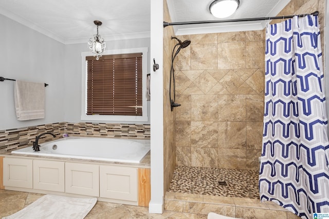 bathroom featuring an inviting chandelier, ornamental molding, and shower with separate bathtub