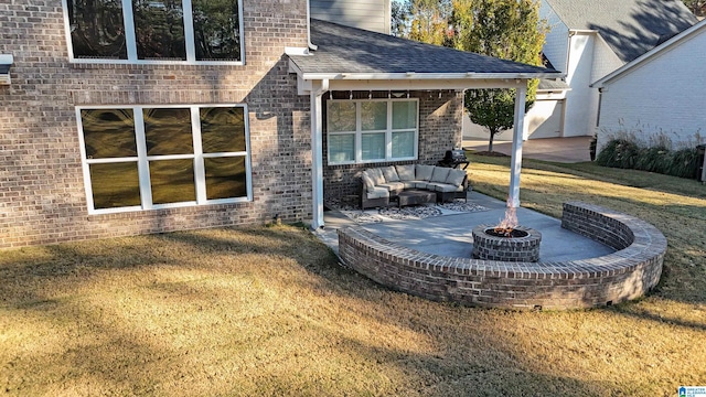 rear view of property with a lawn, an outdoor living space, and a patio