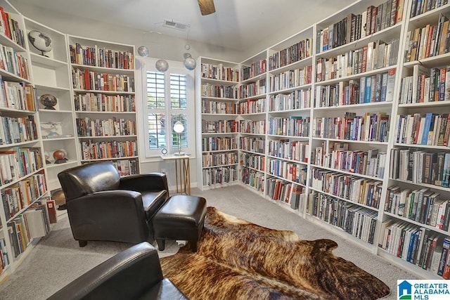 living area featuring carpet