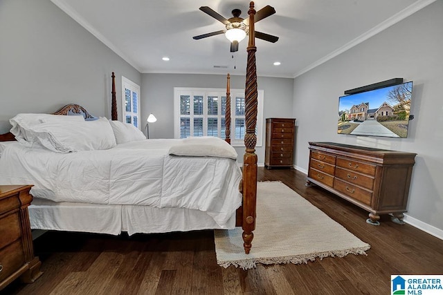 bedroom with ceiling fan, dark hardwood / wood-style floors, and crown molding