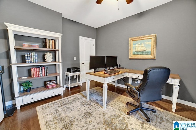 office area with ceiling fan and dark wood-type flooring