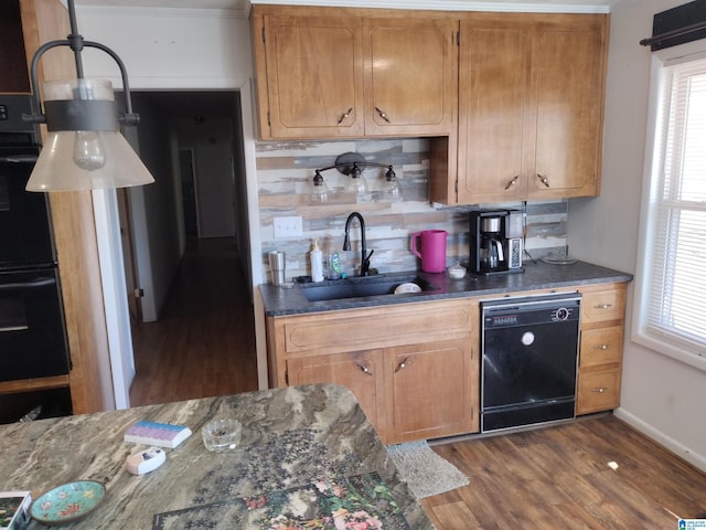 kitchen with plenty of natural light, dark hardwood / wood-style flooring, sink, and black dishwasher