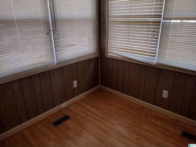 interior space featuring wood-type flooring and wood walls