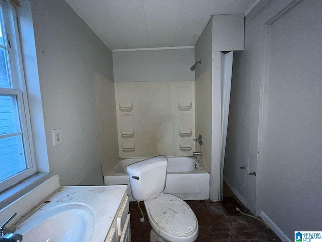 full bathroom with washtub / shower combination, vanity, and toilet