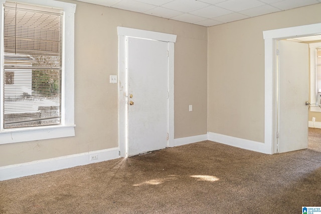 spare room featuring a paneled ceiling and carpet floors