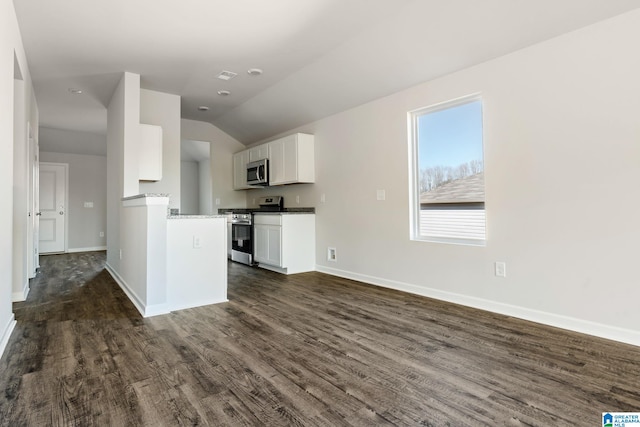 kitchen with white cabinetry, dark hardwood / wood-style flooring, stainless steel appliances, and vaulted ceiling