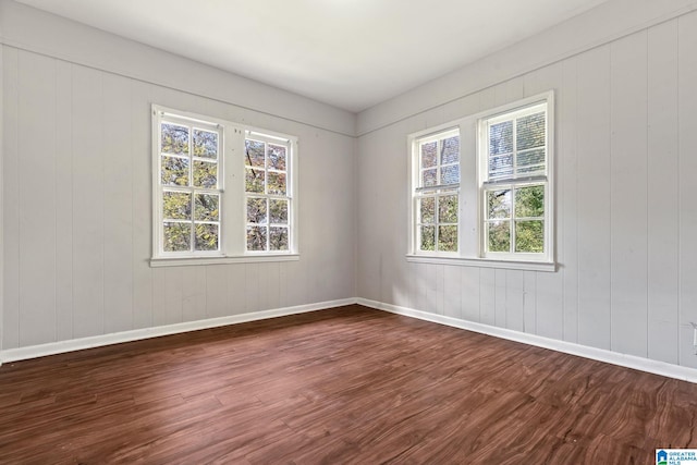 empty room with hardwood / wood-style flooring and wood walls