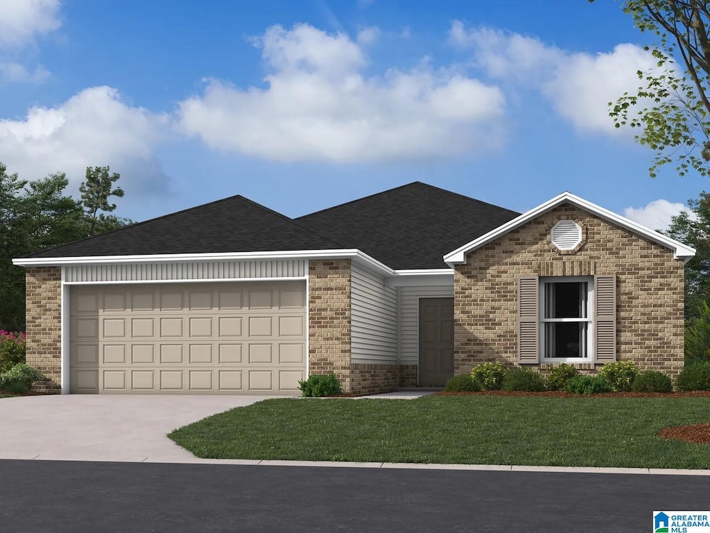 880 Ashford Dr, Calera, AL 35040 - ranch-style home with brick siding, concrete driveway, a garage, a front yard, and roof with shingles