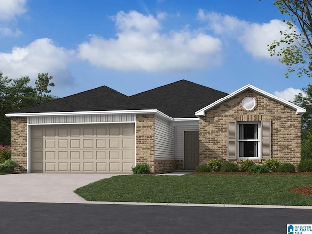 880 Ashford Dr, Calera, AL 35040 - ranch-style home with brick siding, concrete driveway, a garage, a front yard, and roof with shingles